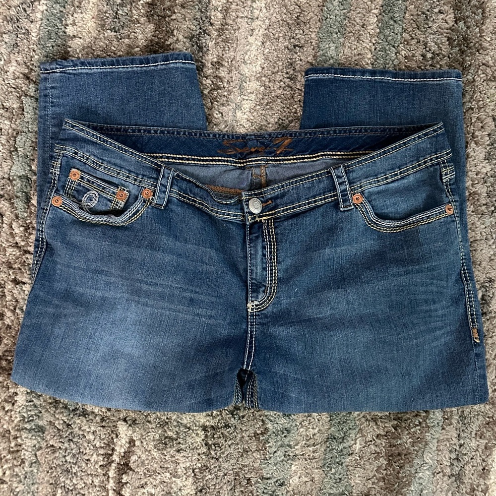 Seven7 Blue Straight Leg Cropped Jeans with Classic Denim Wash
